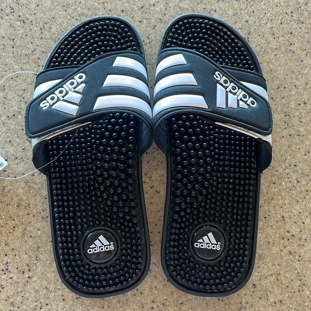 Brand New Adidas 3-Stripe Black & White Adjustable Strap Sport Slides Sandals